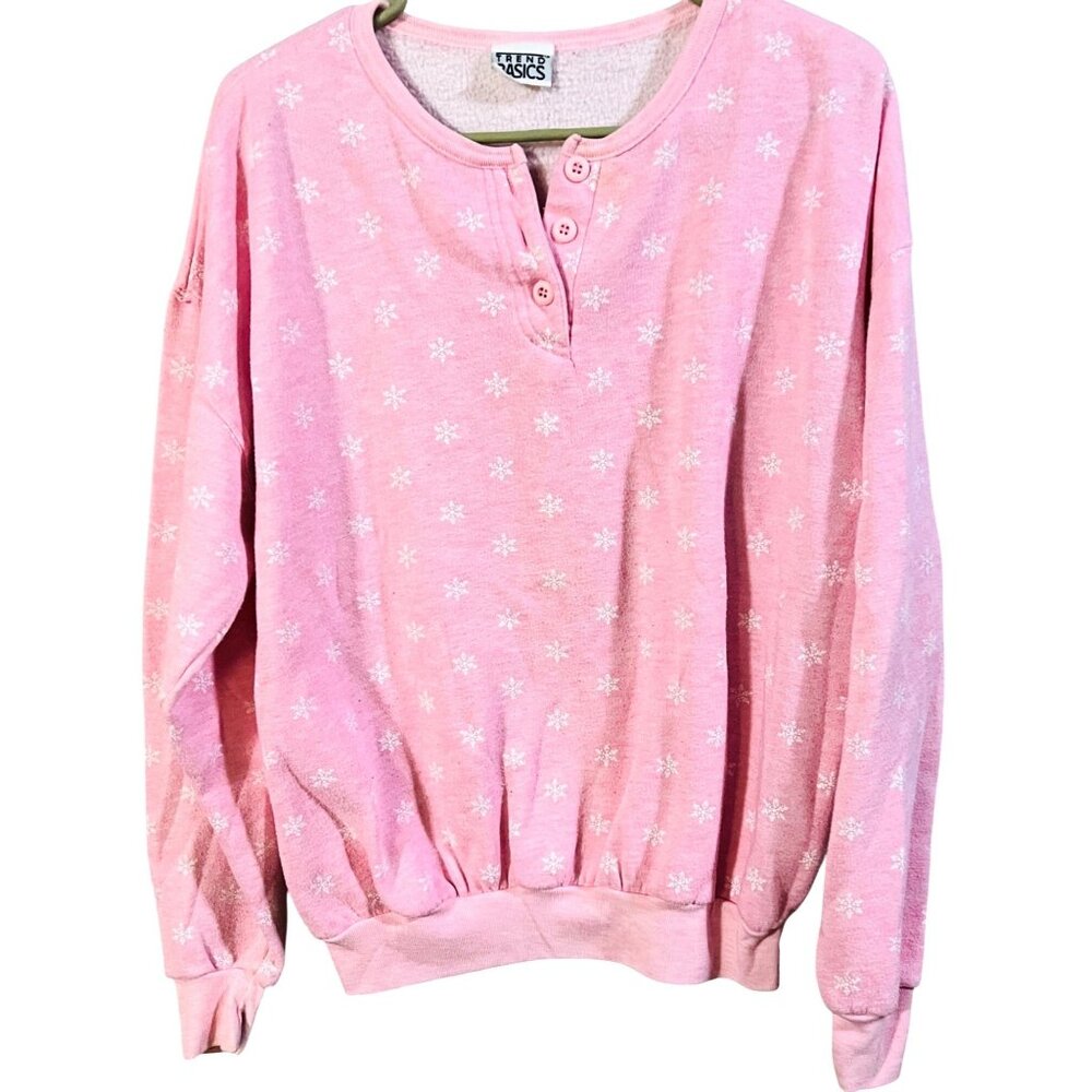 Trend Basics Juniors Pink Snowflake XL Henley Pullover Sweatshirt